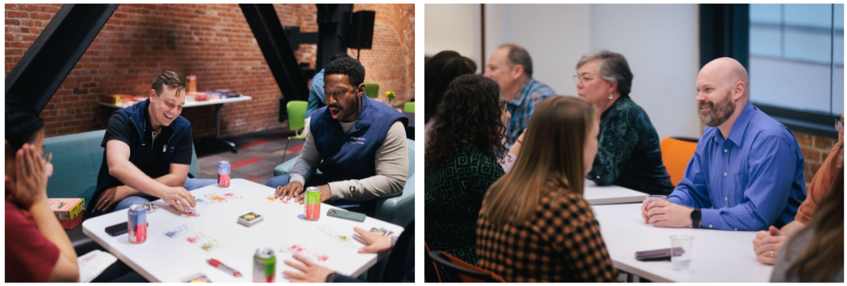 Staff playing a card game and networking at the event