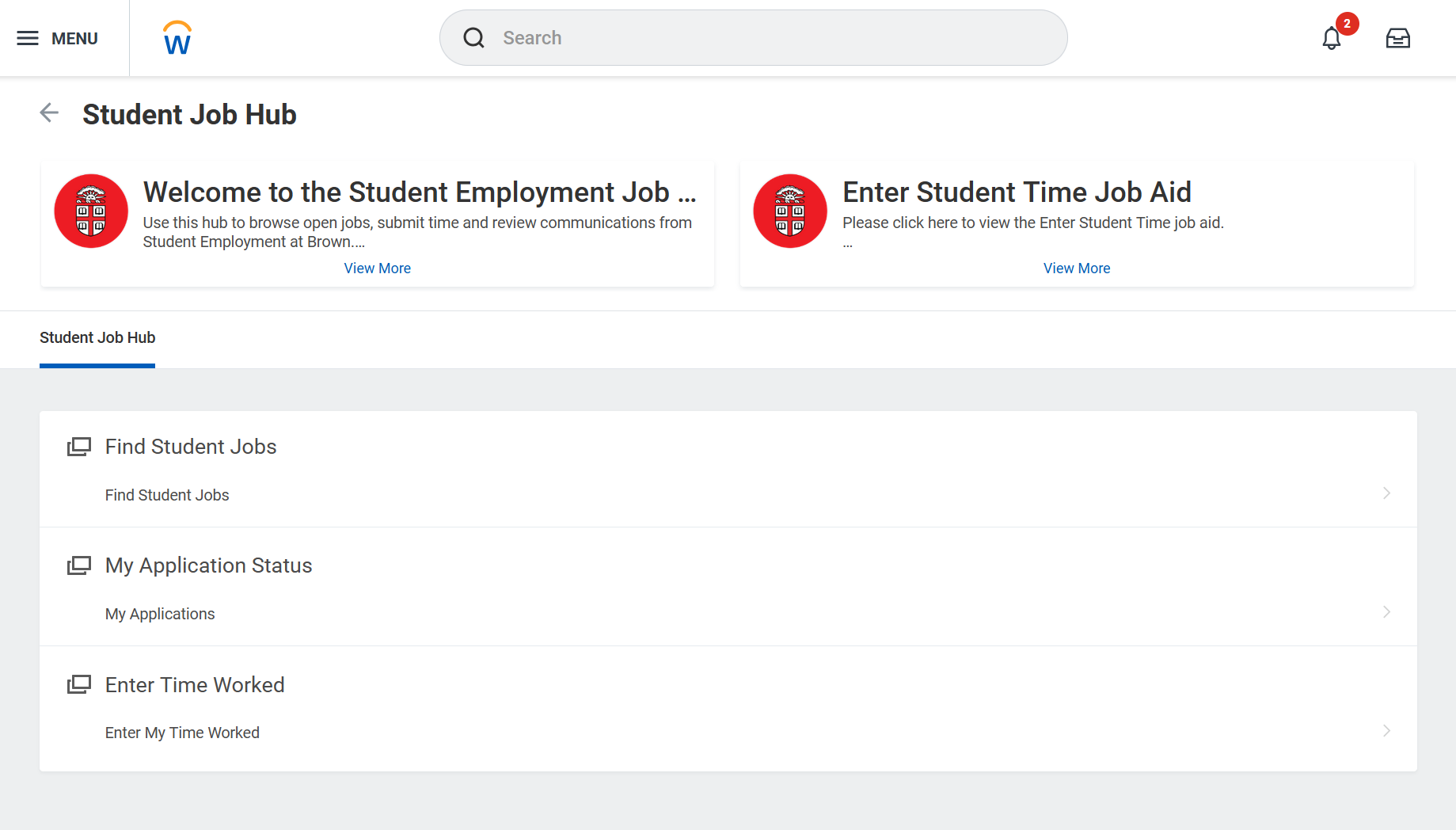 Landing page for Student Job Hub in Workday