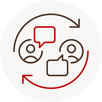icon with circular arrows and two figures with speech bubbles